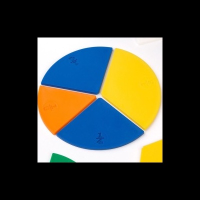 Peças circulares coloridas de material plástico com frações impressas