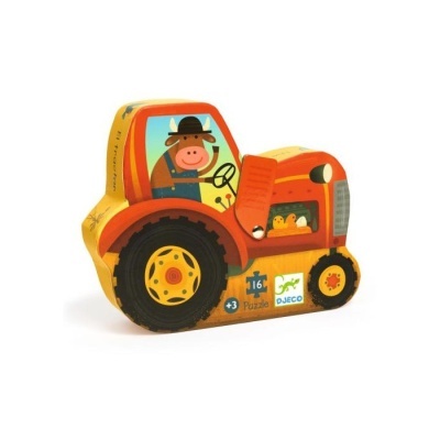 Puzzle de trator vermelho com vaca e pintainhos, 16 peças