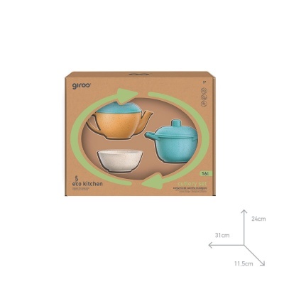 Conjunto de cozinha eco kitchen com jarra laranja, tigela branca e tacho azul em caixa de cartão