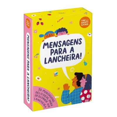 Caixa colorida com texto 'Mensagens para a Lancheira!' e ilustração de pessoas