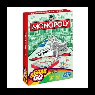 Caixa do jogo de tabuleiro Monopoly Grab & Go com peça de cão metálica e tabuleiro visíveis