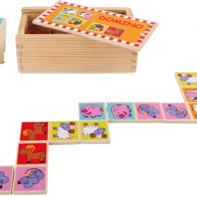 Jogo de dominó infantil com peças coloridas e caixa de madeira