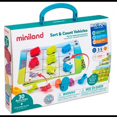 Embala de brinquedo educativo Miniland Sort & Count Vehicles colorido para crianças