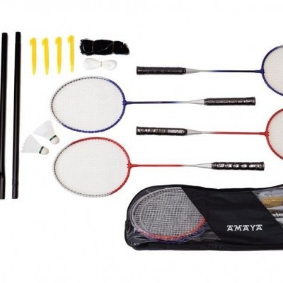 Conjunto de badminton com raquetes, tubos, bases, redes e saco preto AMAYA
