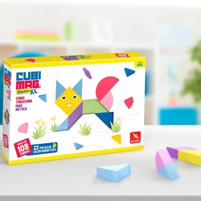 Caixa de blocos magnéticos coloridos CUBIMAG Junior XL com peças coloridas na frente