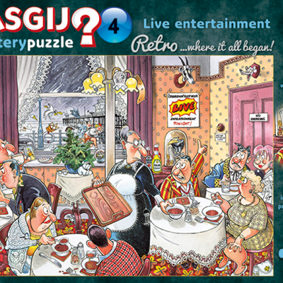 Embalagem de puzzle WASGIJ Mystery Puzzle Retro com desenho retro de restaurante e pessoas caricaturadas