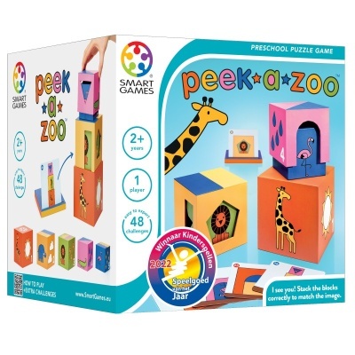Jogo de puzzle infantil Peek-a-Zoo com blocos coloridos ilustrados com animais, embalagem colorida com textos em inglês.