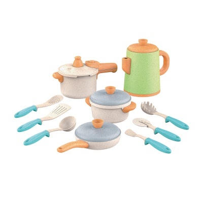 Conjunto de brinquedos de cozinha em plástico com panelas, jarro e utensílios com cabos azuis