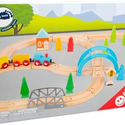 Conjunto de comboio de madeira small foot com carris, comboio, figuras e pontes