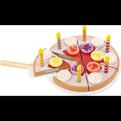 Brinquedo de pizza em madeira com velas coloridas e frutas falsas.