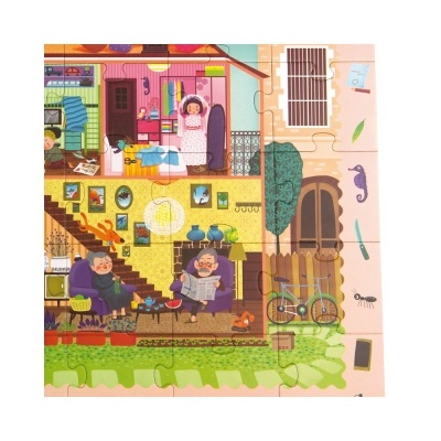 Quebra-cabeças ilustrado com casa amarela e duas pessoas idosas dentro