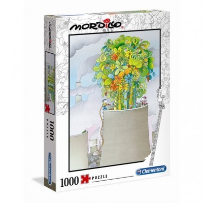 Caixa de puzzle 1000 peças com ilustração colorida de chaminé com árvores e flores no topo