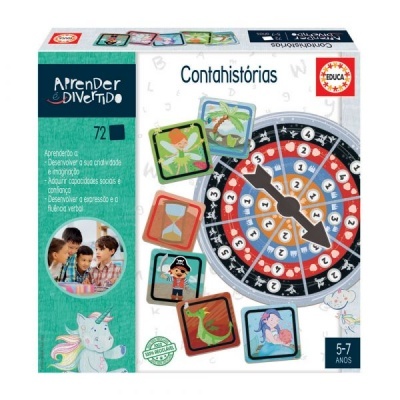 Caixa do jogo educativo Contahistórias com imagens coloridas e tabuleiro circular.