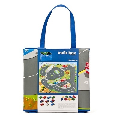 Tapete infantil dobrável com padrão de estrada e embalagem com alças azuis