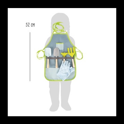 Avental infantil cinzento com ferramentas de jardim coloridas num suporte