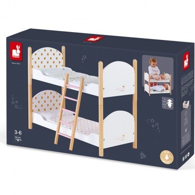 Embalagem de cama beliche para crianças Janod, madeira clara, cabeceiras brancas com pontos dourados, escada inclinada