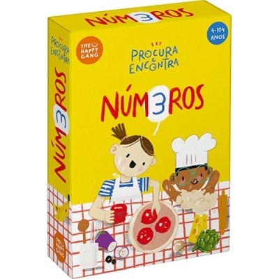 Caixa amarela de jogo de tabuleiro 'Números' com ilustração de crianças e texto