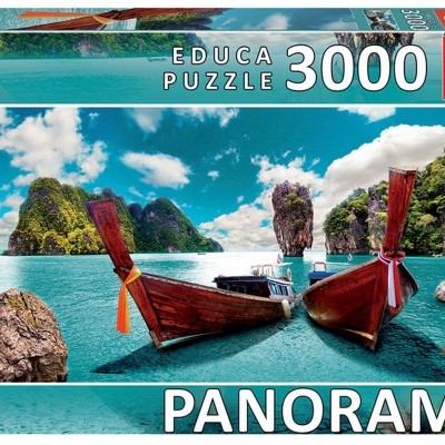 Caixa de puzzle EDUCA 3000 peças com imagem de barcos tradicionais em águas azuis e paisagem rochosa