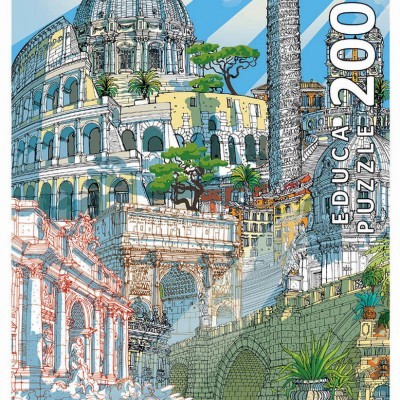 Puzzle Educa 200 peças com edifícios históricos de Roma em ilustração colorida.