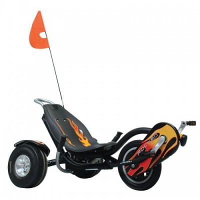 Kart infantil a pedal preto com chamas e bandeira laranja nº 6
