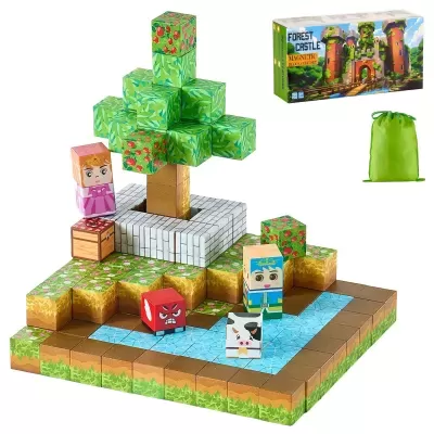 Blocos magnéticos de construção, personagens e embalagem do conjunto Forest Castle
