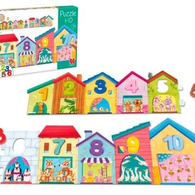 Puzzle de 10 peças em forma de casas numeradas e coloridas