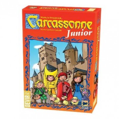 Embalagem do jogo Carcassonne Junior com ilustração infantil e castelo