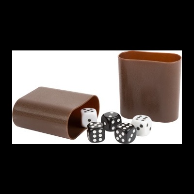 Dados pretos e brancos com recipiente castanho texturizado