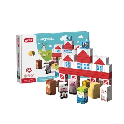 Conjunto de cubos magnéticos com edifícios vermelhos e brancos e figuras de animais e pessoas