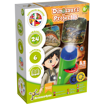 Caixa de projetor educativo Dinosaurs Projector com imagens de dinossauros e informações multilíngues