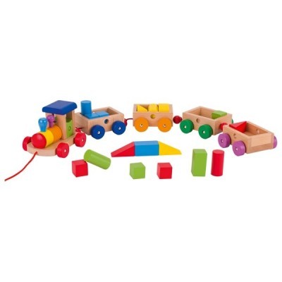 Comboio de brinquedo de madeira com carruagens coloridas e blocos de construção
