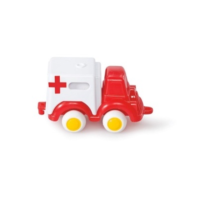 Brinquedo ambulância de plástico vermelho e branco com cruz vermelha