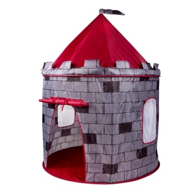 Tenda infantil em forma de castelo com padrão de tijolos cinzentos e teto vermelho