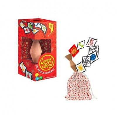 Jogo Jungle Speed com caixa vermelha e saco branco com peças de jogo coloridas