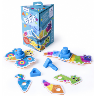 Brinquedo educativo colorido com parafusos e formas de animais