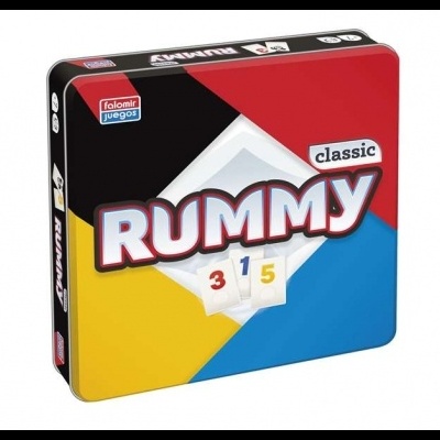 Embalagem metálica do jogo Rummy classic com cores primárias e texto destacado.