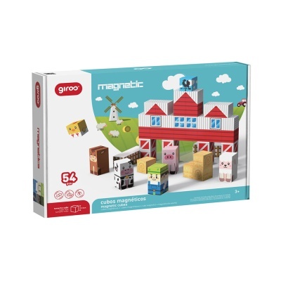 Caixa de cubos magnéticos com figuras de animais e edifícios de fazenda