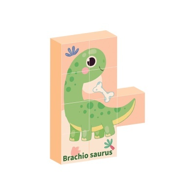 Blocos de madeira com dinossauro verde e texto Brachio saurus