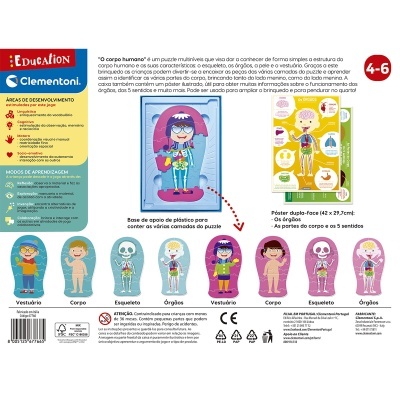 Jogo educativo Clementoni O corpo humano com peças de puzzle coloridas e base de plástico para crianças 4-6 anos