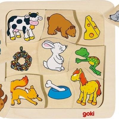 Puzzle de madeira infantil com peças de animais coloridos