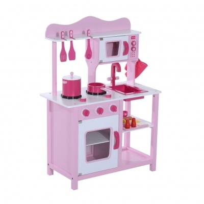 Cozinha de brinquedo infantil rosa e branca com fogão, forno, micro-ondas e utensílios.