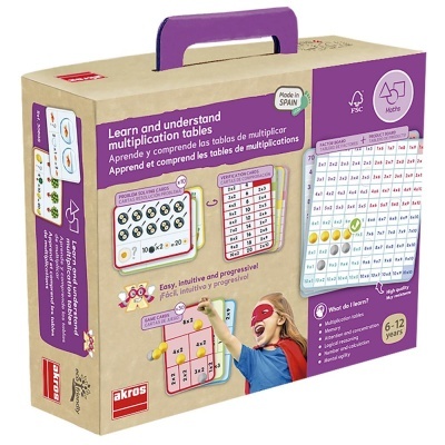 Embalagem educativa para aprender tabelas de multiplicação com alça roxa e imagens de tabelas.