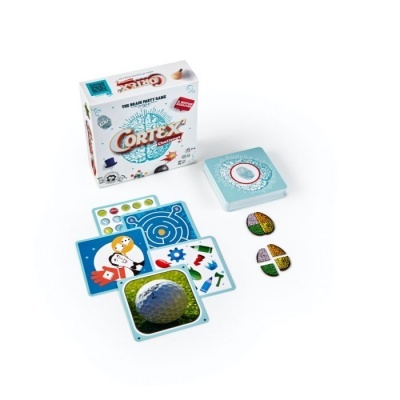 Jogo de cartas Cortex com caixa branca e azul e cartas coloridas