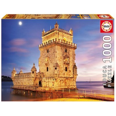 Caixa de puzzle EDUCA 1000 peças com imagem da Torre de Belém iluminada ao anoitecer.