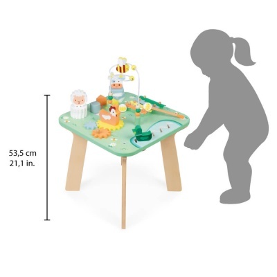 Mesa de atividades infantil verde com figuras de animais e legumes, pernas de madeira