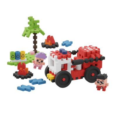 Conjunto de blocos de construção tipo pixel com camião de bombeiros, figuras humanas, árvore, fogo e recipientes coloridos