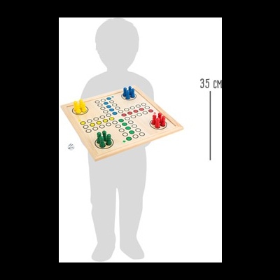 Tabuleiro de jogo de mesa em madeira com peças coloridas e dado, com escala humana de 35 cm
