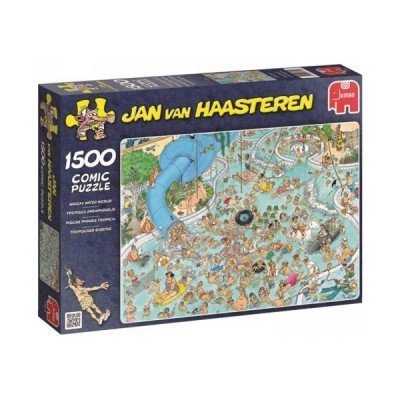 Caixa de quebra-cabeças azul com 1500 peças de Jan Van Haasteren, cena de parque aquático colorida e logo JUMBO