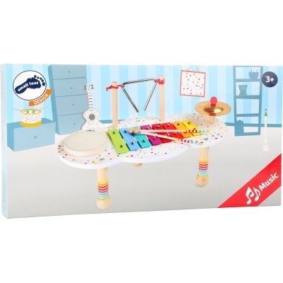 Brinquedo musical de madeira colorido com xilofone, tambor e outros instrumentos para crianças a partir dos 3 anos