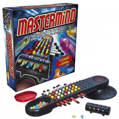 Jogo de tabuleiro Mastermind com pinos coloridos e embalagem